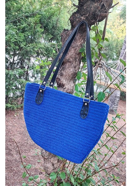 El Işi Örme Çanta / Mavi Makrome Ipi Ile Tığ Işi / Astarlı, Iç ve Dış Cepli (38X29)