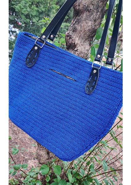 El Işi Örme Çanta / Mavi Makrome Ipi Ile Tığ Işi / Astarlı, Iç ve Dış Cepli (38X29) modelleri