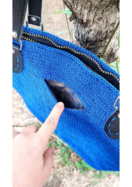 El Işi Örme Çanta / Mavi Makrome Ipi Ile Tığ Işi / Astarlı, Iç ve Dış Cepli (38X29) fırsatları
