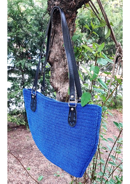 El Işi Örme Çanta / Mavi Makrome Ipi Ile Tığ Işi / Astarlı, Iç ve Dış Cepli (38X29)