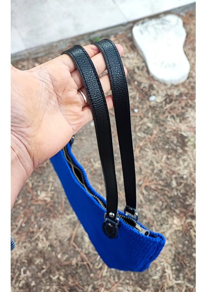 El Işi Örme Çanta / Mavi Makrome Ipi Ile Tığ Işi / Astarlı, Iç ve Dış Cepli (38X29)