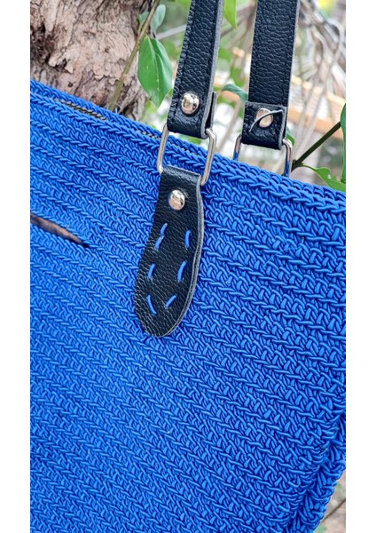 El Işi Örme Çanta / Mavi Makrome Ipi Ile Tığ Işi / Astarlı, Iç ve Dış Cepli (38X29)