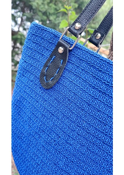 El Işi Örme Çanta / Mavi Makrome Ipi Ile Tığ Işi / Astarlı, Iç ve Dış Cepli (38X29)