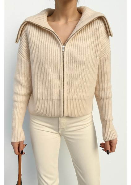 Kadın Fermuarlı Oversize Devrik Yaka Triko Hırka fiyatları