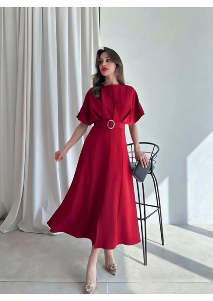 Kemerli Yırtmaçlı Kadın Kırmızı Elbise Midi 583292