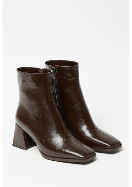 Kadın Kahverengi Rugan Bot & Bootie Küt Burun Topuklu Fermuarlı Şık