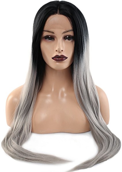 Fiber Sentetik Düz Uzun Tül Peruk / Siyah Gri Ombreli