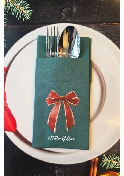 Kumaş Dokulu Yeşil Kırmızı Zarif Fiyonk Tasarım Cepli Yılbaşı Peçetesi 6lı Paket