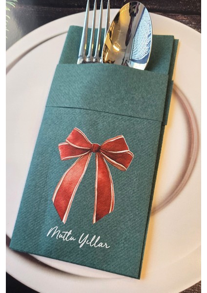 Kumaş Dokulu Yeşil Kırmızı Zarif Fiyonk Tasarım Cepli Yılbaşı Peçetesi 6lı Paket fiyatları