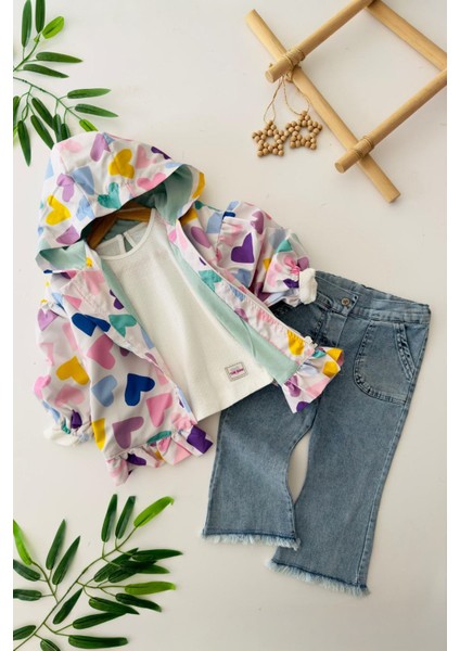 Kalp Desenli Yağmurluklu Kız Çocuk 3 lü takım - Somon