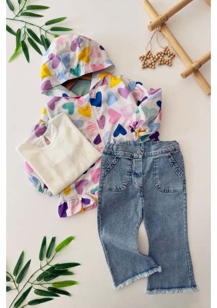 Kalp Desenli Yağmurluklu Kız Çocuk 3 lü takım - Somon fiyatları