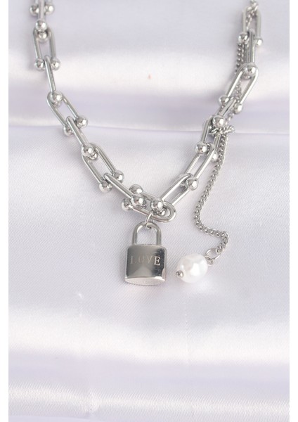316L Çelik Zincir Gümüş Renk Zincirli Love Yazılı Kilit Kolye