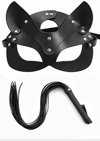 Deri (Veya Deri Görünümlü) Kedi Maskesi ve Kamçı Seti