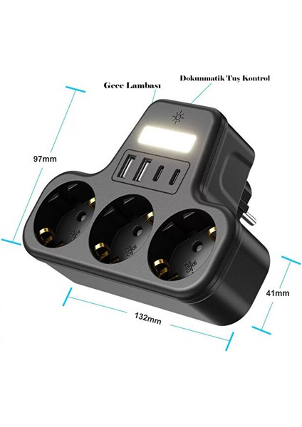 Aırstorr Çoklu Gece Lambalı Priz Yüksek Gerilim Korumalı 3'lü Priz 2xusb 2xtype-C Çıkışlı Grup Priz Çoğaltıcı fiyatları