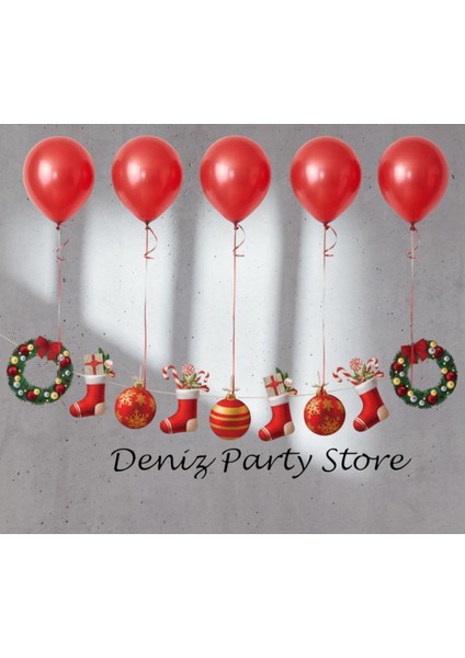 5 Adet Kırmızı Balonlu Yılbaşı Dekoratif Banner Çelenk Duvar Süsü ( Tek Tarafı Baskılıdır )