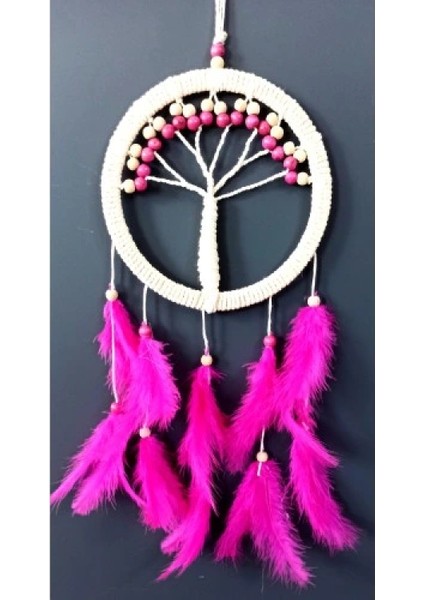Fuşya Kuş Tüylü Hayat Ağacı Düş Kapanı Dream Catcher Duvar Süsü