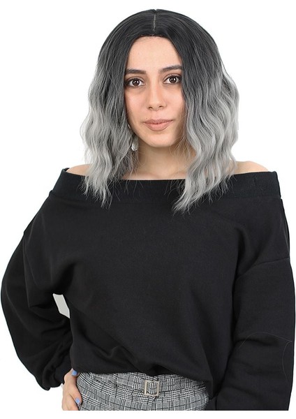 Fiber Sentetik Kısa Dalgalı Perçemsiz Peruk / Siyah / Gri Ombreli