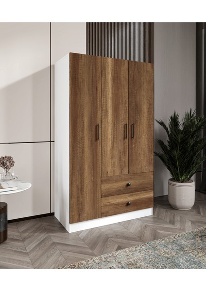 %100 Mdf 3 Kapaklı 2 Çekmeceli 7 Raflı Gardırop – 182X105X52 cm Ceviz-Soft Beyaz Cabinse Animasyonlu