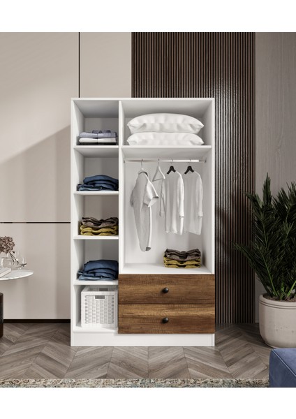 %100 Mdf 3 Kapaklı 2 Çekmeceli 7 Raflı Gardırop – 182X105X52 cm Ceviz-Soft Beyaz Cabinse Animasyonlu fırsatları