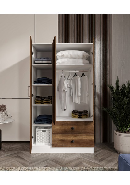 %100 Mdf 3 Kapaklı 2 Çekmeceli 7 Raflı Gardırop – 182X105X52 cm Ceviz-Soft Beyaz Cabinse Animasyonlu indirimleri