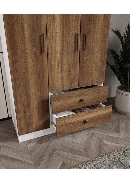 %100 Mdf 3 Kapaklı 2 Çekmeceli 7 Raflı Gardırop – 182X105X52 cm Ceviz-Soft Beyaz Cabinse Animasyonlu