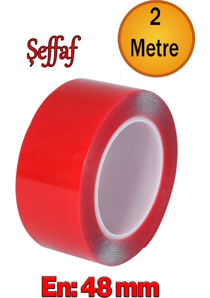 Çift Taraflı Silikon Bant Montaj Bandı Şeffaf 48 mm x 2 Metre Güçlü Çok Amaçlı Yapıştırıcı 1 Adet.