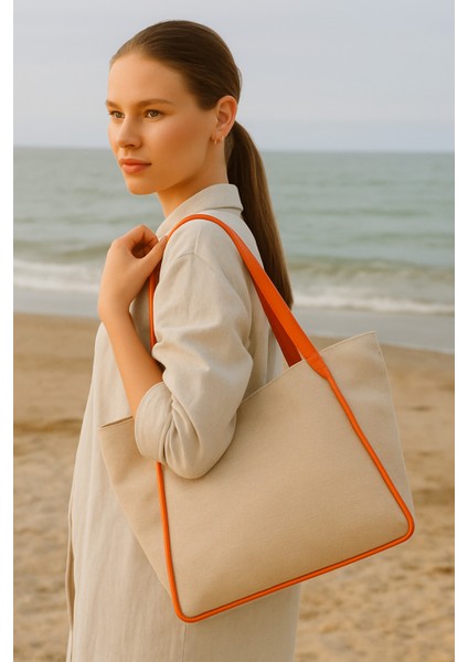 Kadın Omuz Çantası – Keten Kumaş Deri Detaylı Lüks Çanta