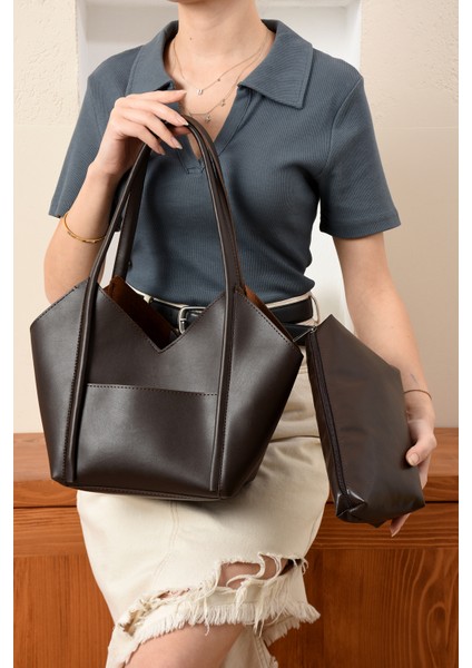 Kadın Şık Tasarımlı Omuz ve Kol Çantası + Yavru Çanta