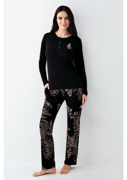 Kadın Büyük Beden Modal Pamuklu 4 Mevsimlik Desenli Uzun Kollu Pijama Takım