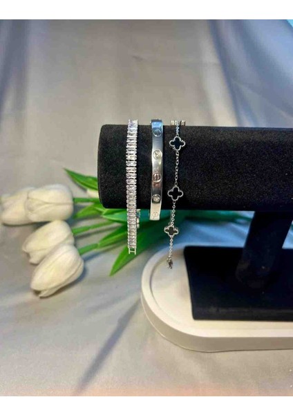 Silver Su Yolu,mini Yonca Bileklik,kelepçe Bileklik 3lü Çelik Bileklik Seti