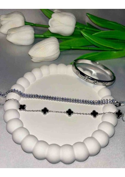 Silver Su Yolu,mini Yonca Bileklik,kelepçe Bileklik 3lü Çelik Bileklik Seti fiyatları