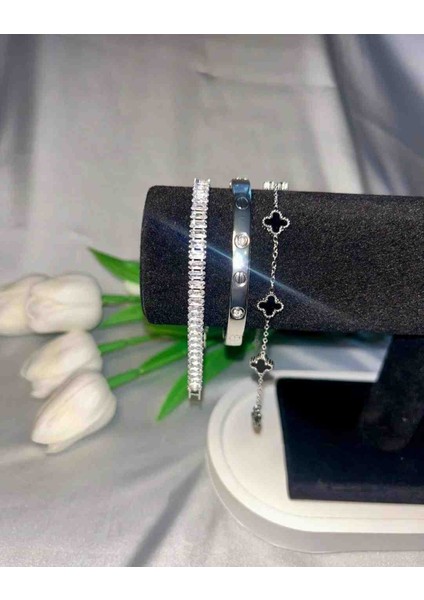 Silver Su Yolu,mini Yonca Bileklik,kelepçe Bileklik 3lü Çelik Bileklik Seti modelleri