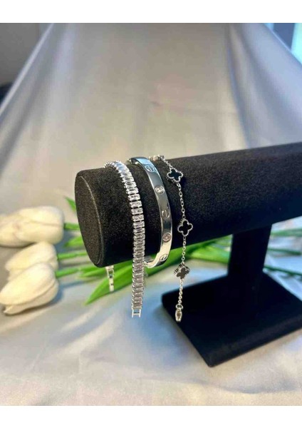 Silver Su Yolu,mini Yonca Bileklik,kelepçe Bileklik 3lü Çelik Bileklik Seti fırsatları