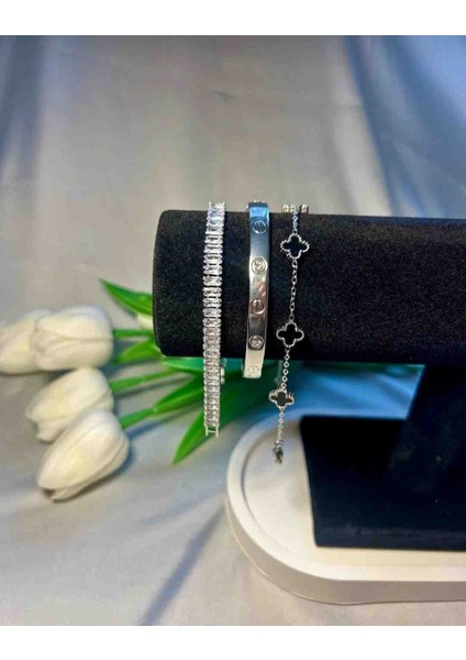 Silver Su Yolu,mini Yonca Bileklik,kelepçe Bileklik 3lü Çelik Bileklik Seti indirimleri