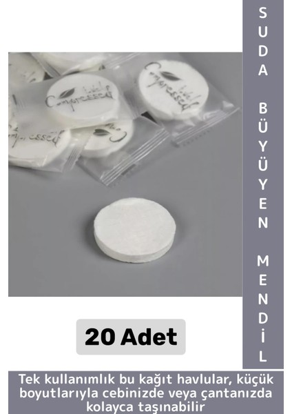 Gündelik Cep Çanta Boy Ofis Seyahat Hijyenik Tek Kullanım Suda Büyüyen Sıkıştırılmış Mendil 20 Adet