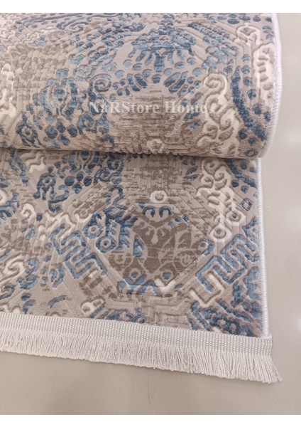 Dinar Saçaklı Diana Mavi Bej Kaymaz Taban Kesme Yolluk Halı Modern Desen fiyatları