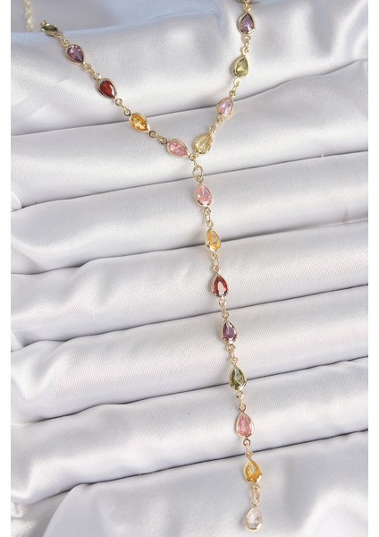 Gold Karışık Renk Zirkon Taşlı Y Pirinç Kolye