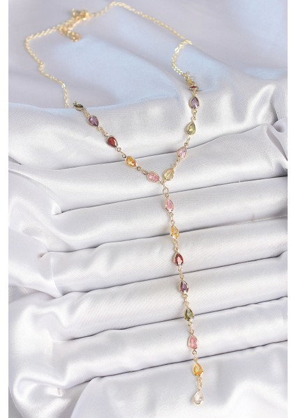 Gold Karışık Renk Zirkon Taşlı Y Pirinç Kolye fiyatları