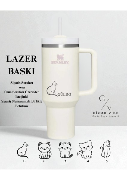 Kişiselleştirilmiş Quencher Pipetli Termos 1,18 Lt Krem Özel Isimli/ Tasarımlı