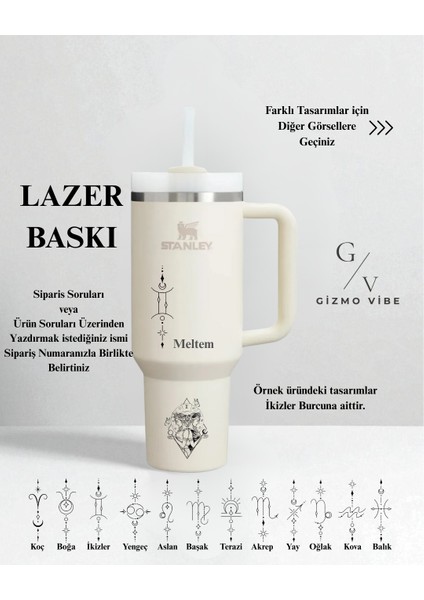 Kişiselleştirilmiş Quencher Pipetli Termos 1,18 Lt Krem Özel Isimli/ Tasarımlı