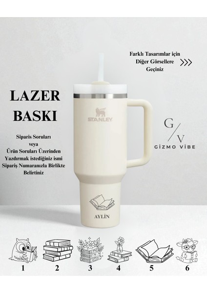 Kişiselleştirilmiş Quencher Pipetli Termos 1,18 Lt Krem Özel Isimli/ Tasarımlı