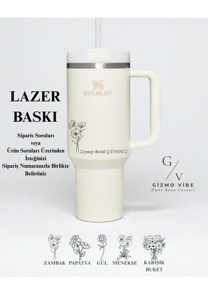 Kişiselleştirilmiş Quencher Pipetli Termos 1,18 Lt Krem Özel Isimli/ Tasarımlı