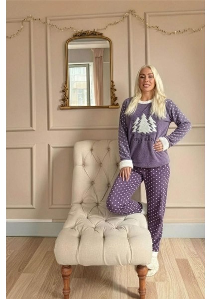 Lila Pine Tree Desenli Kadın Peluş Pijama Takımı indirimleri