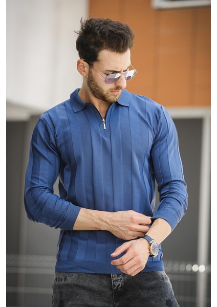 Vilnius Slim Fit Çizgili Gömlek Yaka Yarım Fermuarlı Erkek Triko