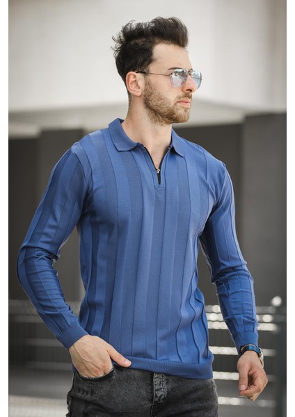 Vilnius Slim Fit Çizgili Gömlek Yaka Yarım Fermuarlı Erkek Triko fiyatları