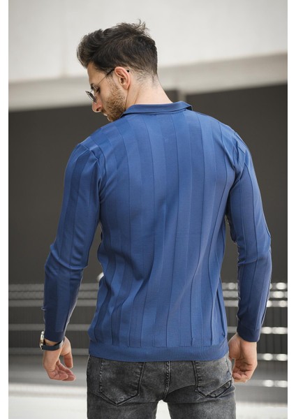 Vilnius Slim Fit Çizgili Gömlek Yaka Yarım Fermuarlı Erkek Triko modelleri