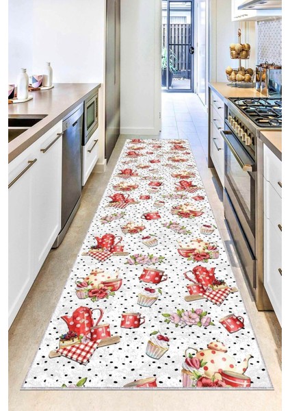 Pembe Kaymaz Tabanlı Makinede Yıkanabilir Mutfak Halısı Rulo