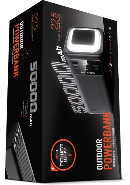 50.000 Mah Pd 22.5W Hızlı Şarj Dahili Kablolu Kamp Taşınabilir Güç Kaynağı Siyah PD50 Powerbank