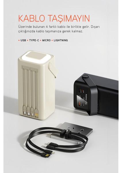 50.000 Mah Pd 22.5W Hızlı Şarj Dahili Kablolu Kamp Taşınabilir Güç Kaynağı Siyah PD50 Powerbank modelleri