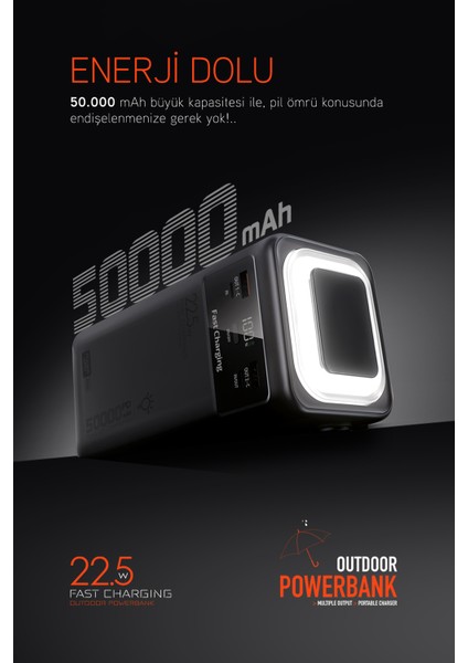50.000 Mah Pd 22.5W Hızlı Şarj Dahili Kablolu Kamp Taşınabilir Güç Kaynağı Siyah PD50 Powerbank indirimleri